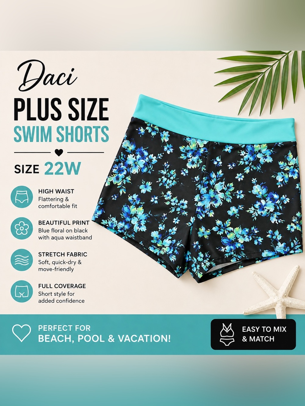 Daci Plus Size 22W Floral Swim Shorts Black Blue Aqua High Waist